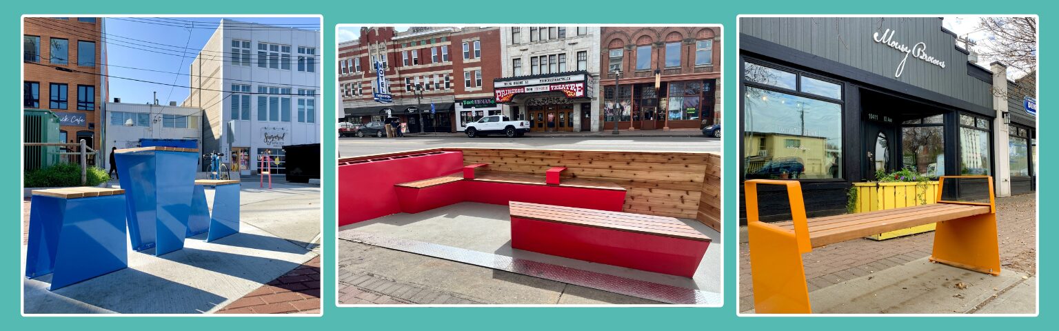 Blue standing tables, a red corner bench, and a wood-topped bench installed along Old Strathcona storefronts
